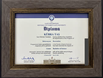 Gazi Üniversitesi Spor Bilimleri Fakültesi Rekreasyon Bölümü lisans diploması, Kübra Taş, Haziran 2020