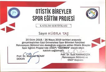 Gazi Üniversitesi Otistik Bireyler Spor Eğitim Projesi eğitmen katılım sertifikası, 2018–2019 dönemi